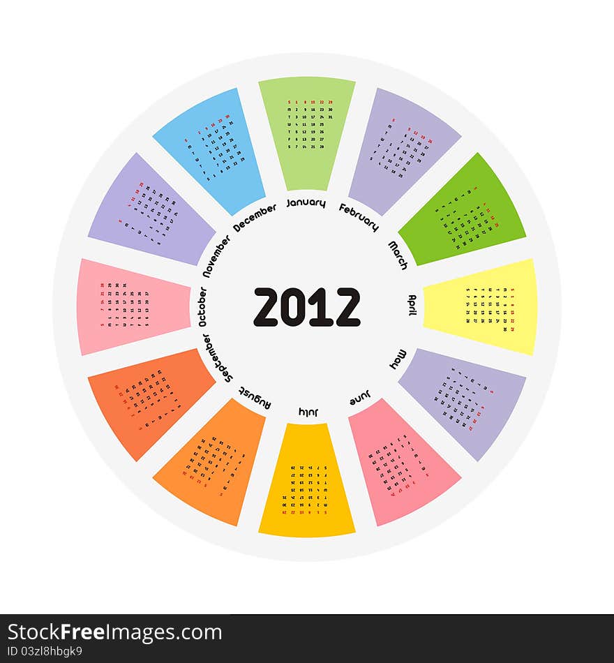 Circular design of colorful calendar for 2012.Week starts on sunday.