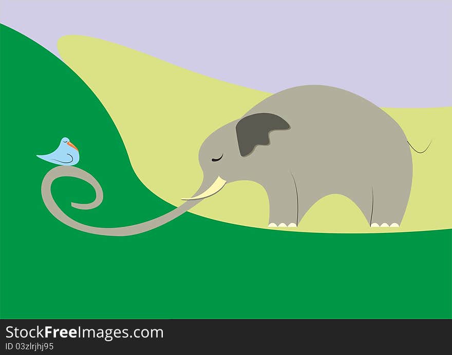 Cute elephant and a bird