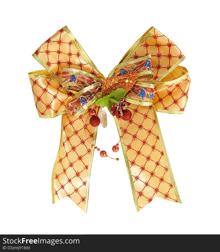 Gold gift ribbon and bow on white background with clipping path