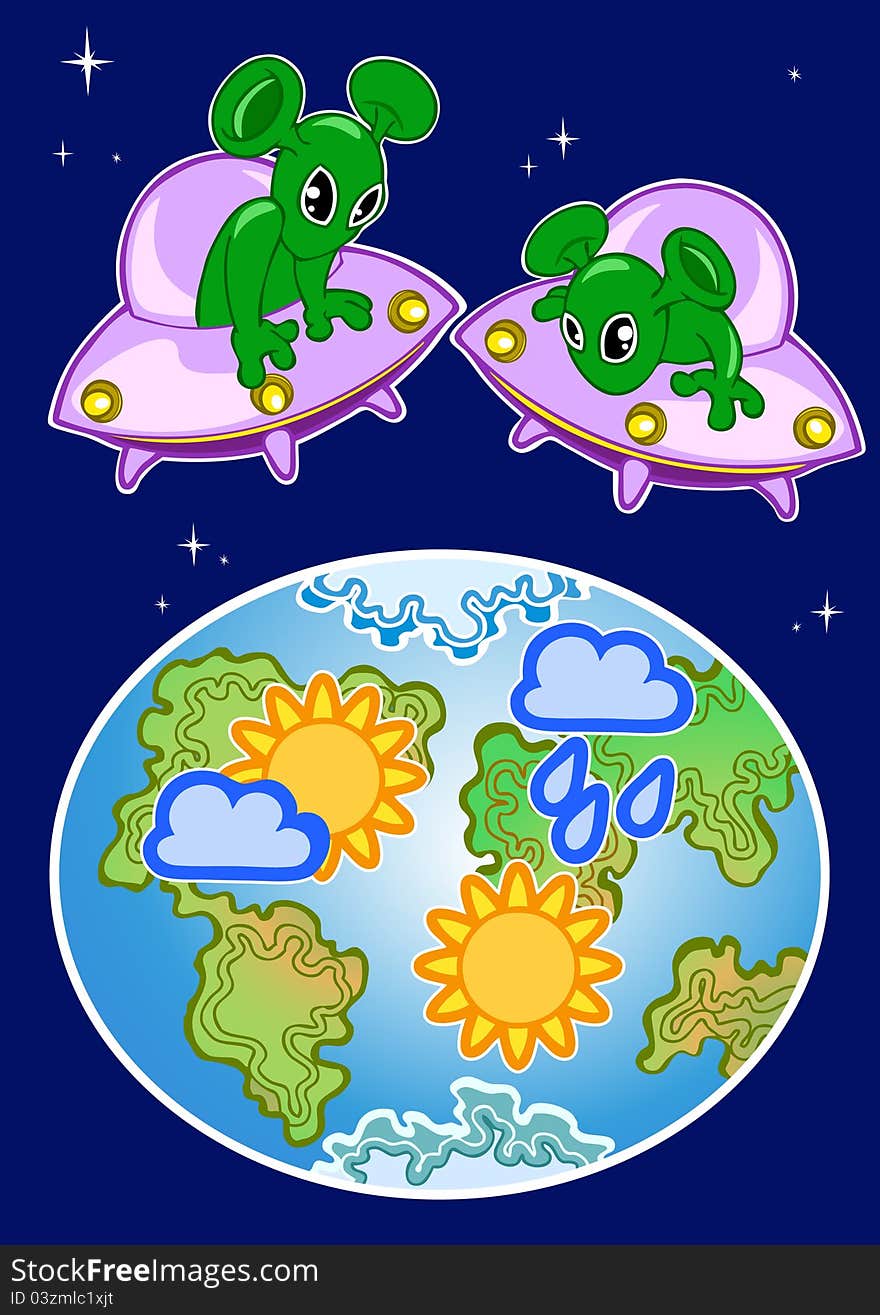 The illustration shows the space aliens who are watching the weather on planet Earth.Illustration done in cartoon style, on separate layers. The illustration shows the space aliens who are watching the weather on planet Earth.Illustration done in cartoon style, on separate layers.