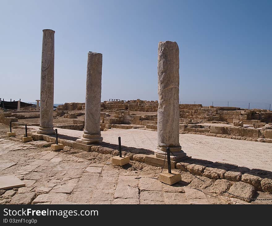 National park old city of Caesarea Israel details of marble columns. National park old city of Caesarea Israel details of marble columns