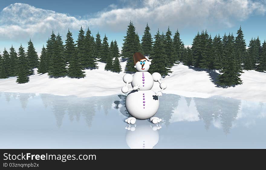 Snowman on a frozen lake in the forest. Snowman on a frozen lake in the forest