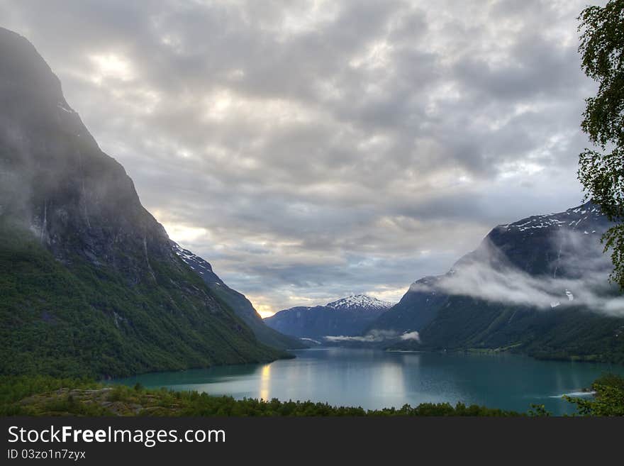 Beauyiful summer evening near lake Lovatnet in Jostedalsbreen national park, Norway. Beauyiful summer evening near lake Lovatnet in Jostedalsbreen national park, Norway