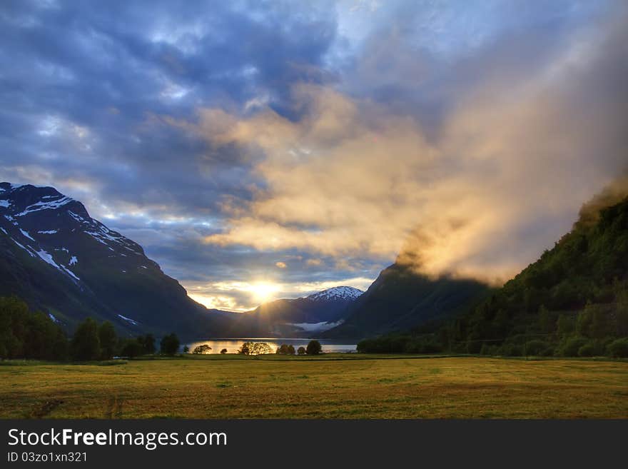 Beauyiful summer sunset near lake Lovatnet in Jostedalsbreen national park, Norway. Beauyiful summer sunset near lake Lovatnet in Jostedalsbreen national park, Norway