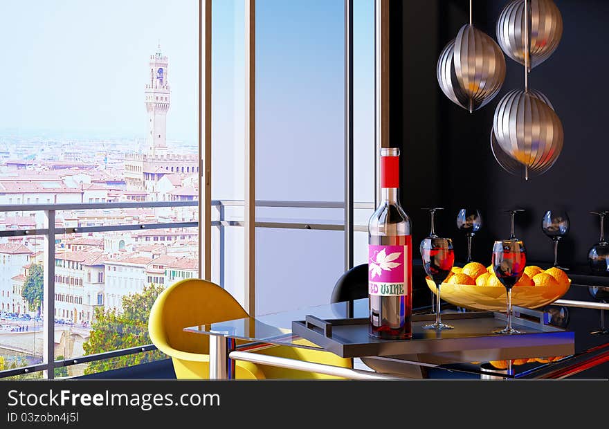 Red wine bottle in a tray on a glass table, with two wine glasses and an open window on Florence panorama. Red wine bottle in a tray on a glass table, with two wine glasses and an open window on Florence panorama.