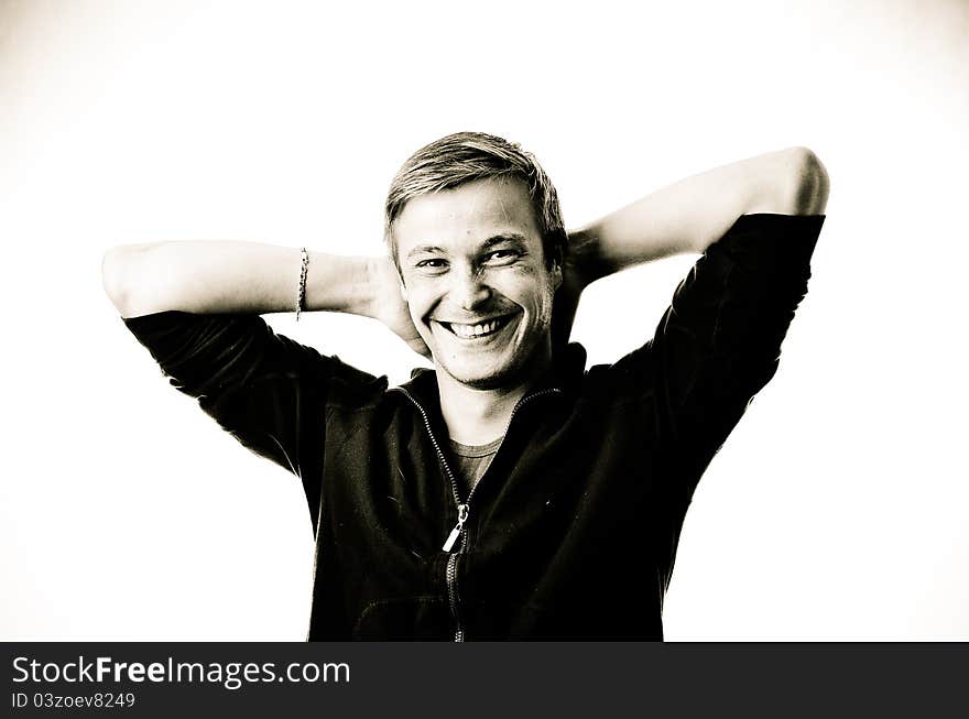 Black and white portrait of man with super smile on white background. Black and white portrait of man with super smile on white background