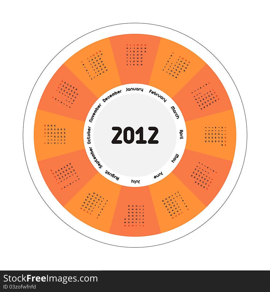 Circular design of colorful calendar for 2012.Week starts on sunday.