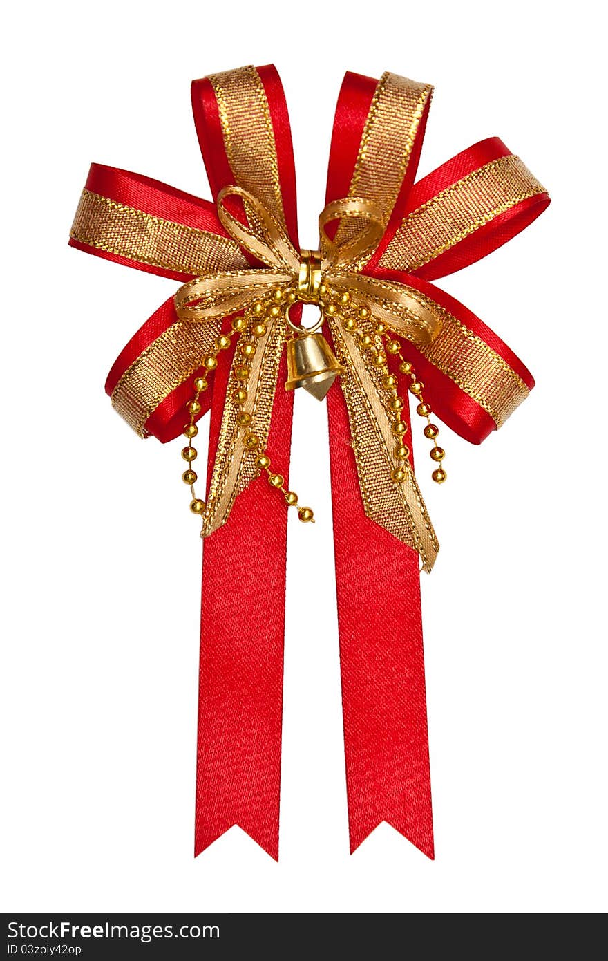 Gift red ribbon with gold stamping and a bell