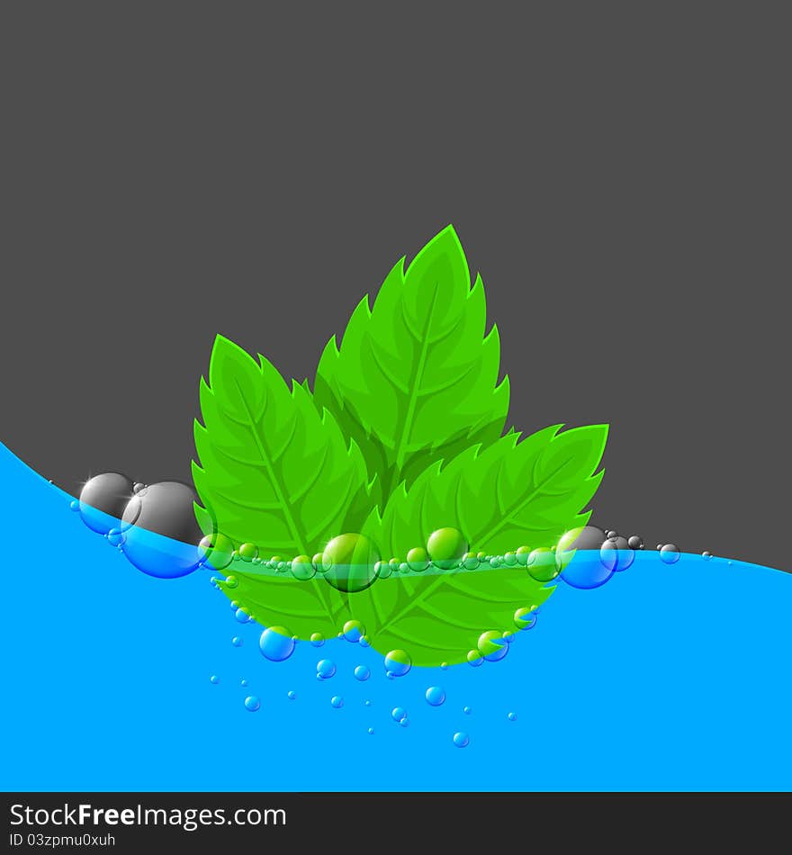 Water background with green leaves and the air bubbles