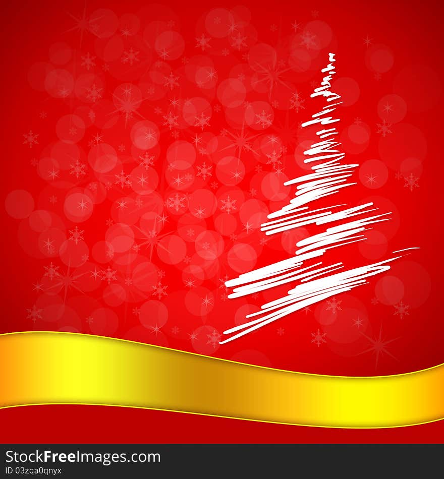 Christmas fur-tree on a red background with a tape. Christmas fur-tree on a red background with a tape