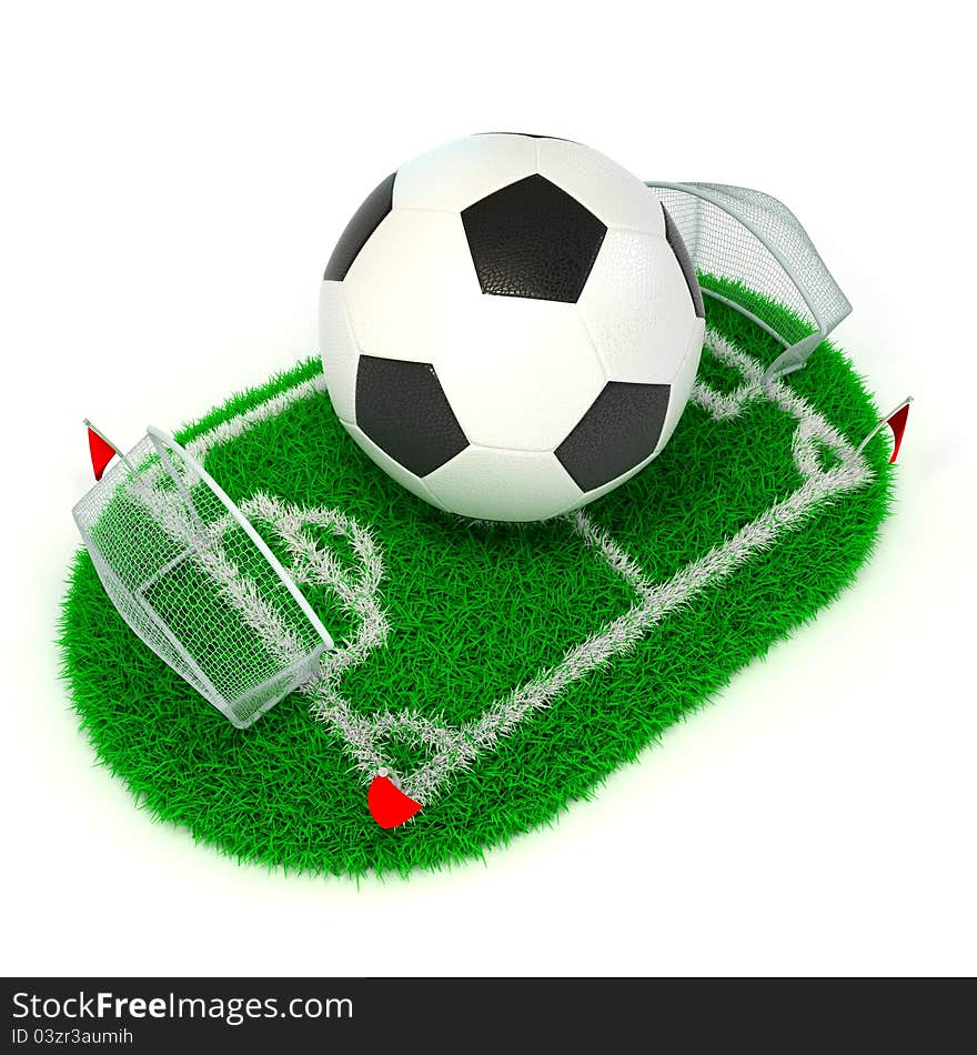 3D Concept Football in Gate on White Background. 3D Concept Football in Gate on White Background