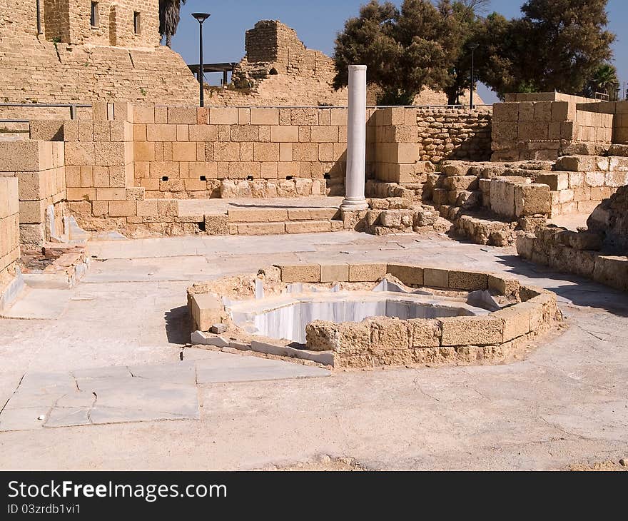 The old city of Caesarea Israe details of a marble public hot bath