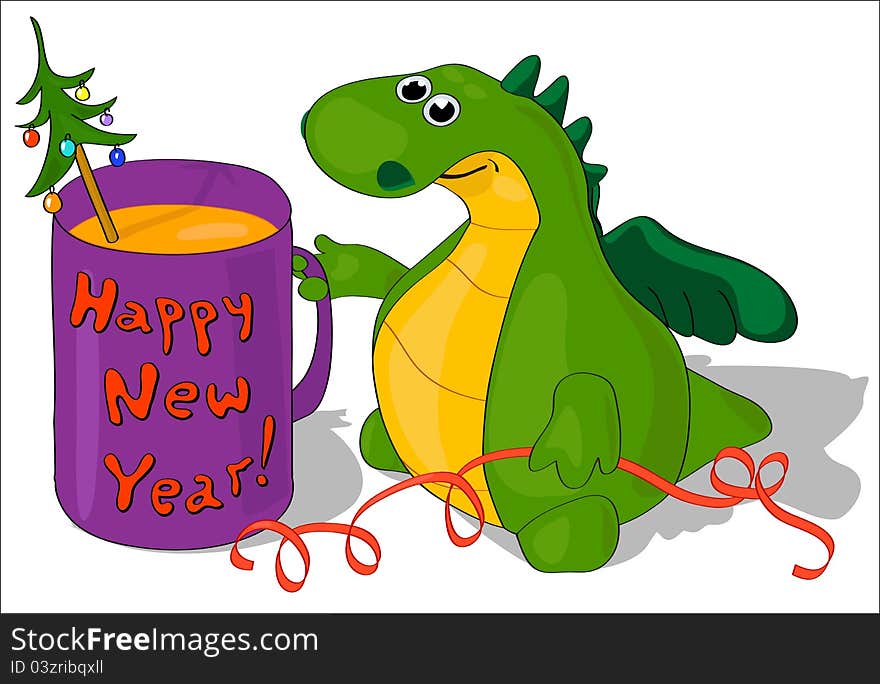 The little dragon with a mug Happy New Year! with еру tree and decoration. The little dragon with a mug Happy New Year! with еру tree and decoration.