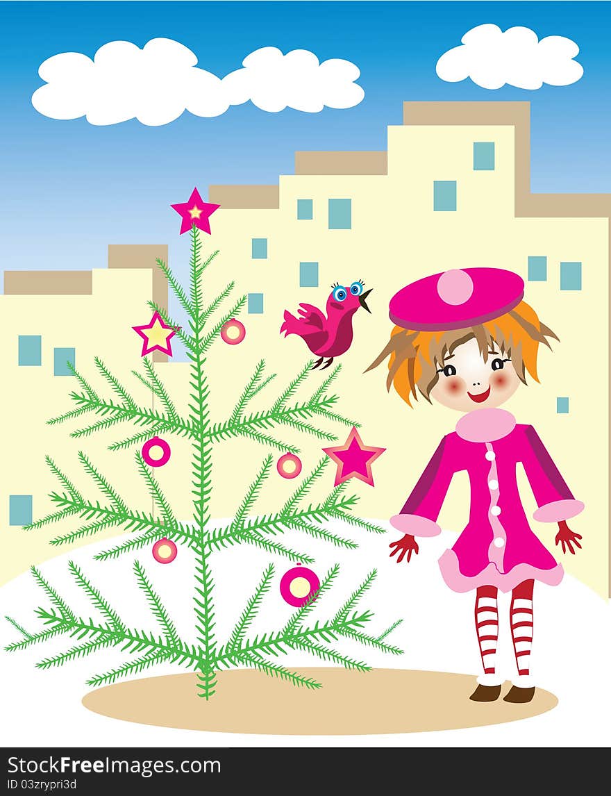 Vector illustration of adorable little girl in pink winter coat staying near New Year tree in the city street and looking at small bird. Vector illustration of adorable little girl in pink winter coat staying near New Year tree in the city street and looking at small bird