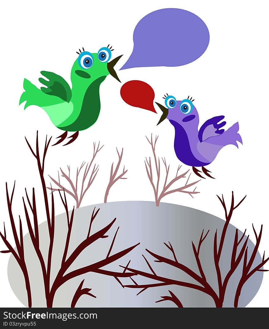 Vector illustration of two funny birds in garden speaking with each other. Vector illustration of two funny birds in garden speaking with each other