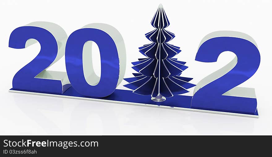 3d numerals 2012 of blue metallic and silver on pedestal. Numeral 1 replaced with christmas tree. 3d numerals 2012 of blue metallic and silver on pedestal. Numeral 1 replaced with christmas tree.