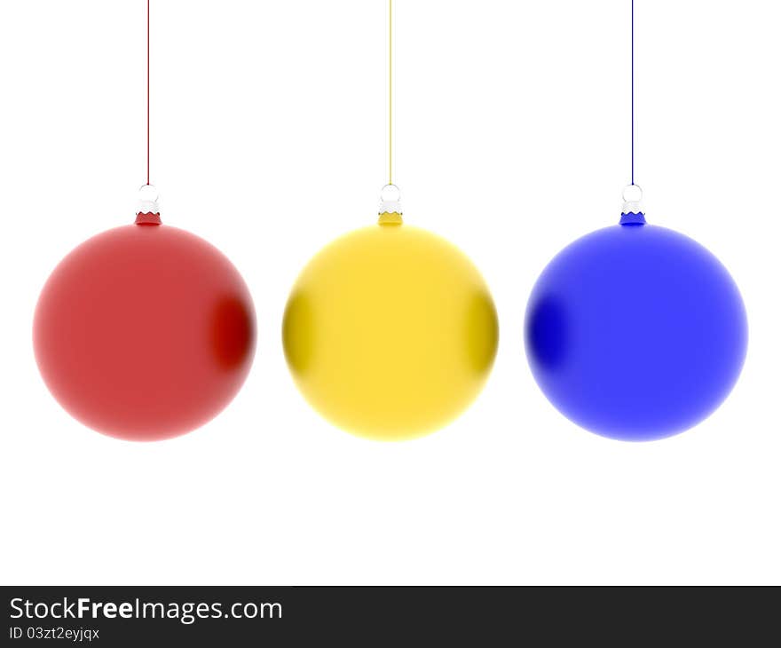 White background with three colored balls hanging. White background with three colored balls hanging