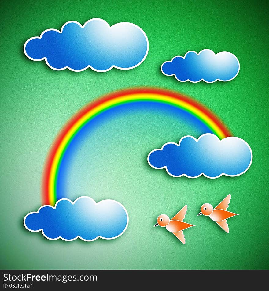 The sky is bright. The rainbow on the clouds. And the birds were flying.