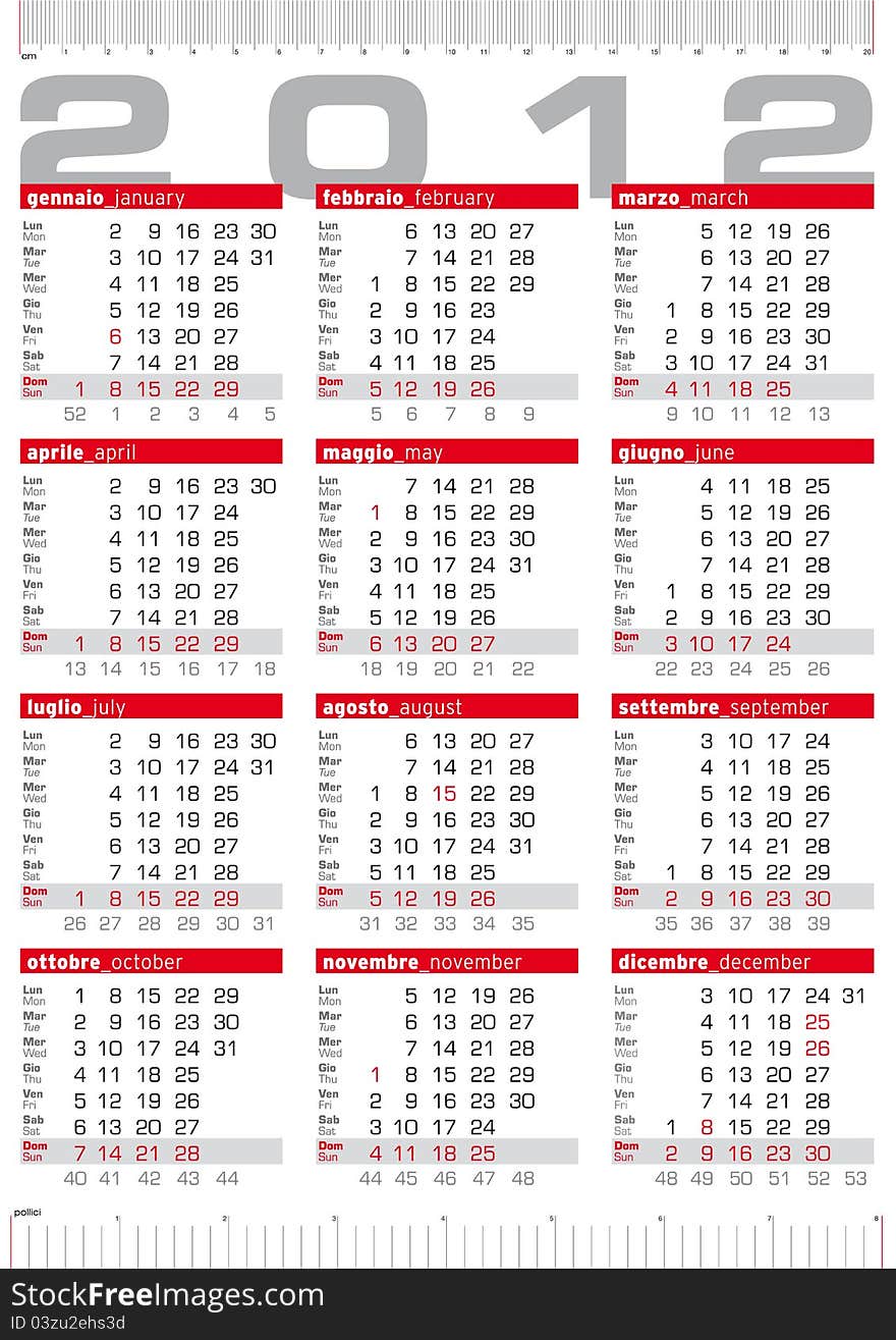 2012 vertical calendar italian and english with rulers. 2012 vertical calendar italian and english with rulers