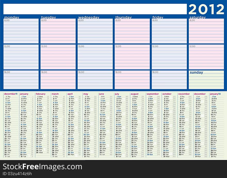 Planning Calendar 2012 in english with copy space and countdown of total days