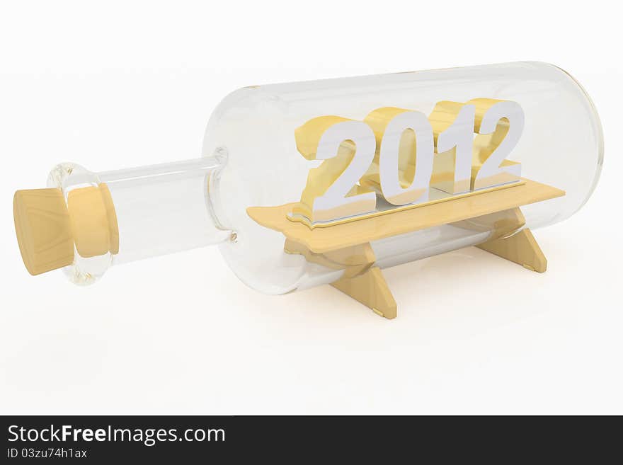 3d numerals 2012 of silver and gold on wooden pedestal in a glass bottle. 3d numerals 2012 of silver and gold on wooden pedestal in a glass bottle