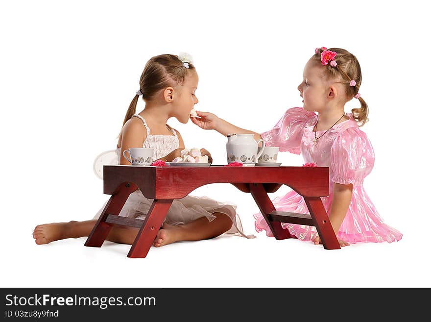 Pretty twins sisters have tea isolated