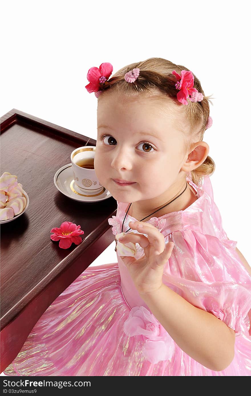 Nice little princess with hazel eyes in beautiful pink dress having tea with zephyr  isolated on white background. Nice little princess with hazel eyes in beautiful pink dress having tea with zephyr  isolated on white background