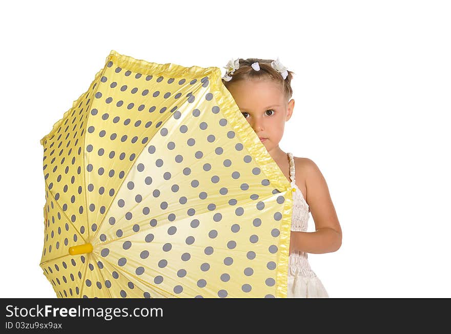 Nice little lady in beautiful white dress hiding behind her beautiful yellow spotted umbrella isolated on white background. Nice little lady in beautiful white dress hiding behind her beautiful yellow spotted umbrella isolated on white background