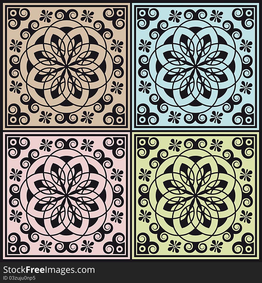 Abstract modular arabesque decoration in four colour backgrounds