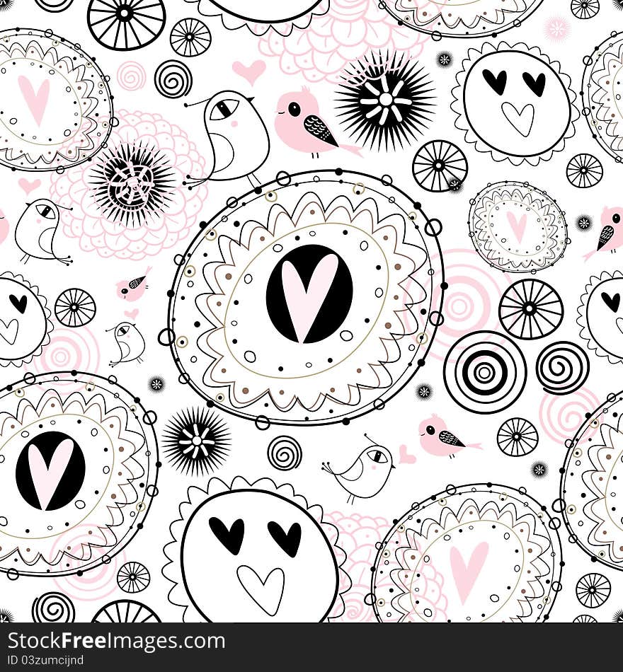 Seamless abstract graphic pattern with hearts and birds on a white background. Seamless abstract graphic pattern with hearts and birds on a white background