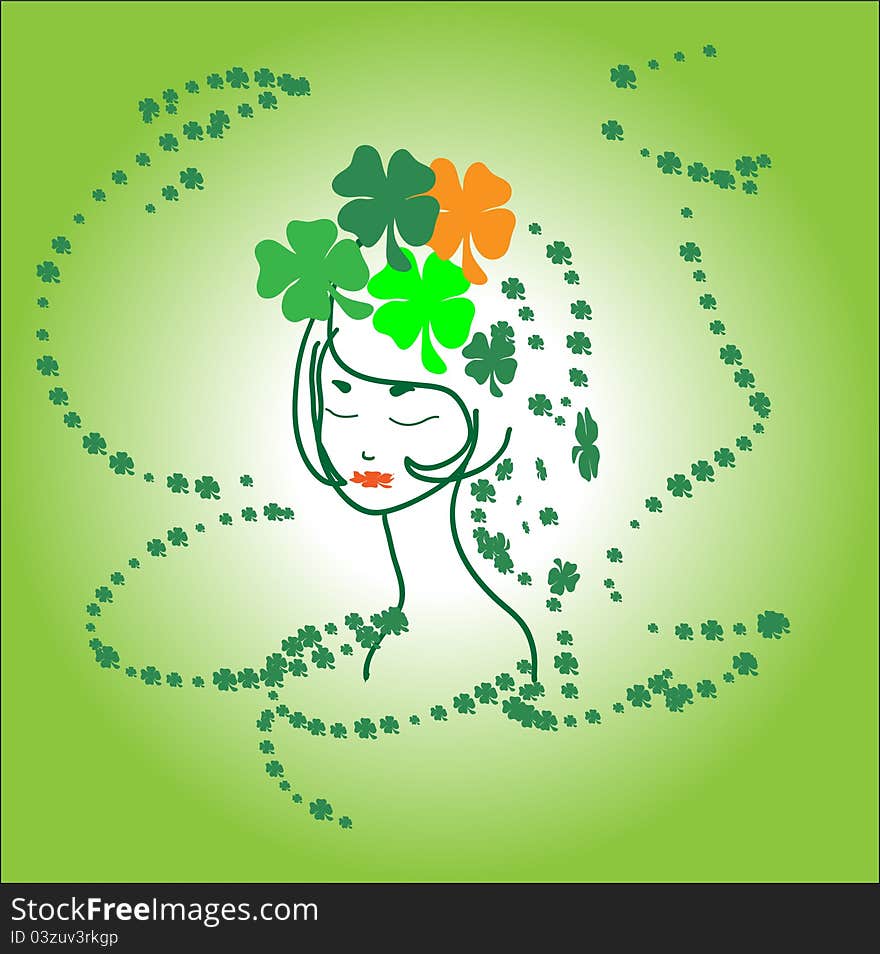 Portrait of beautiful green girl  with symbol  of Ireland shamrocks in hair. Portrait of beautiful green girl  with symbol  of Ireland shamrocks in hair