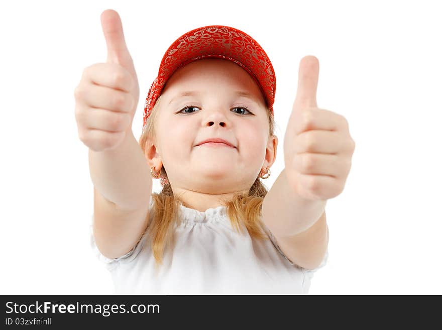 Pretty little girl showing thumbs up, on white