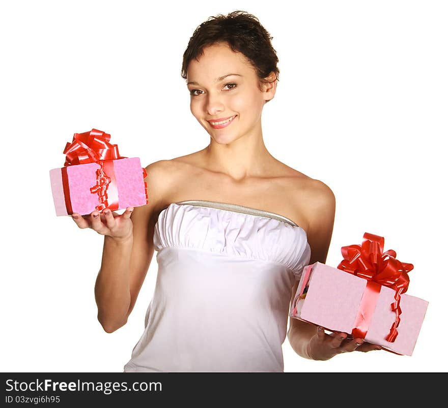 Young lovely smiling woman holding gift