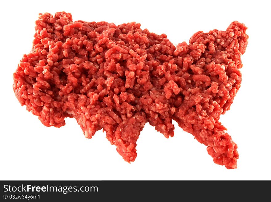 Raw minced meat in the shape of U.S.A on white