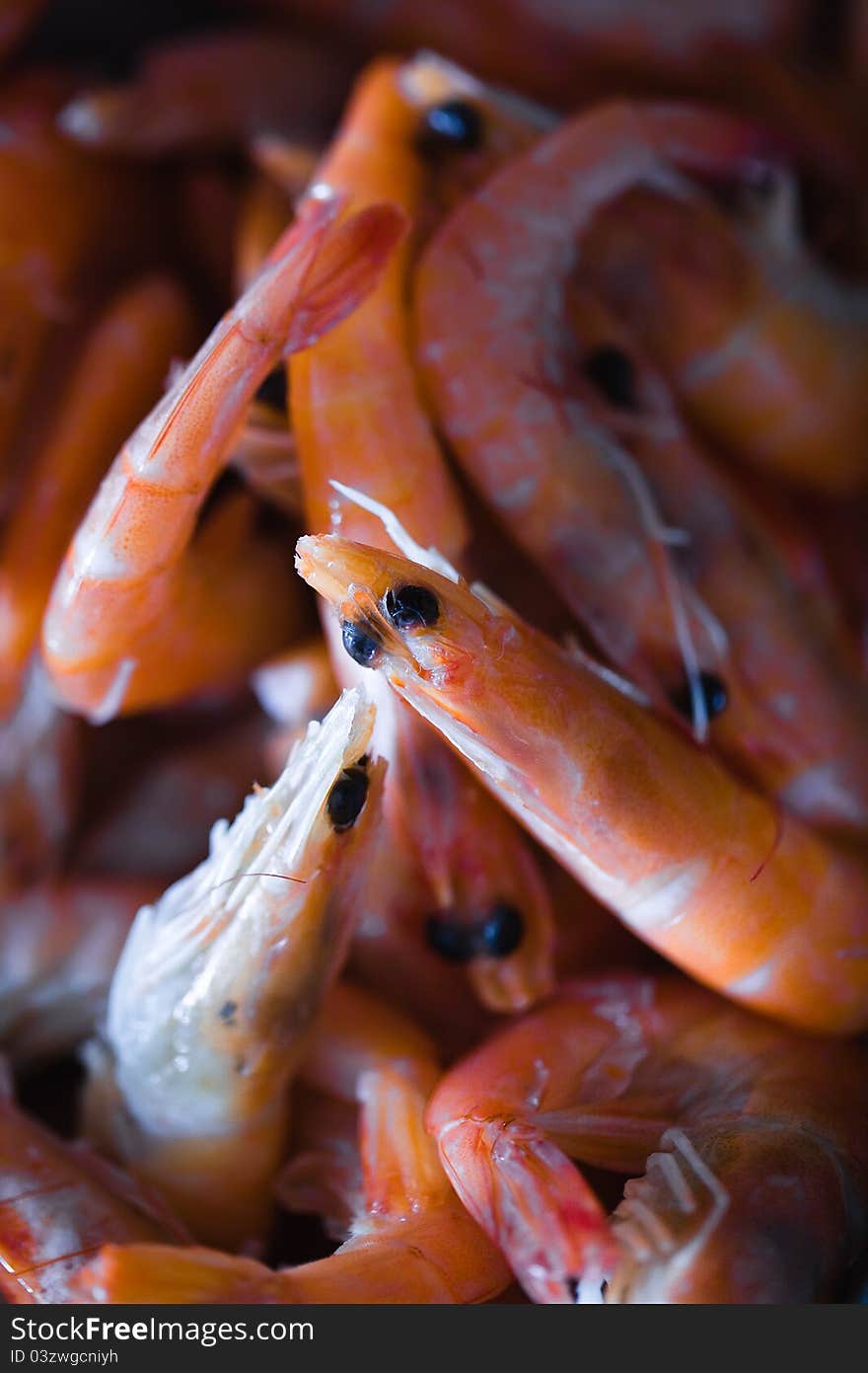 Fresh shrimps stand on ice