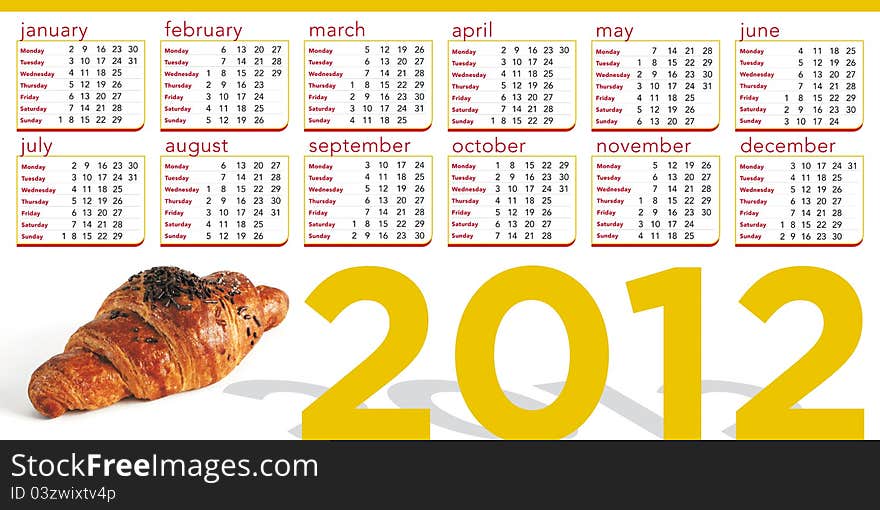 2012 calendar in english with photo of a chocolate croissant. 2012 calendar in english with photo of a chocolate croissant