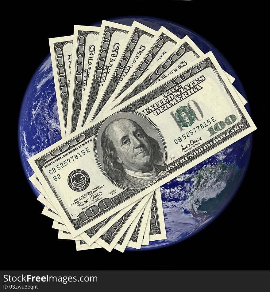 One hundred dollar bills on earth background