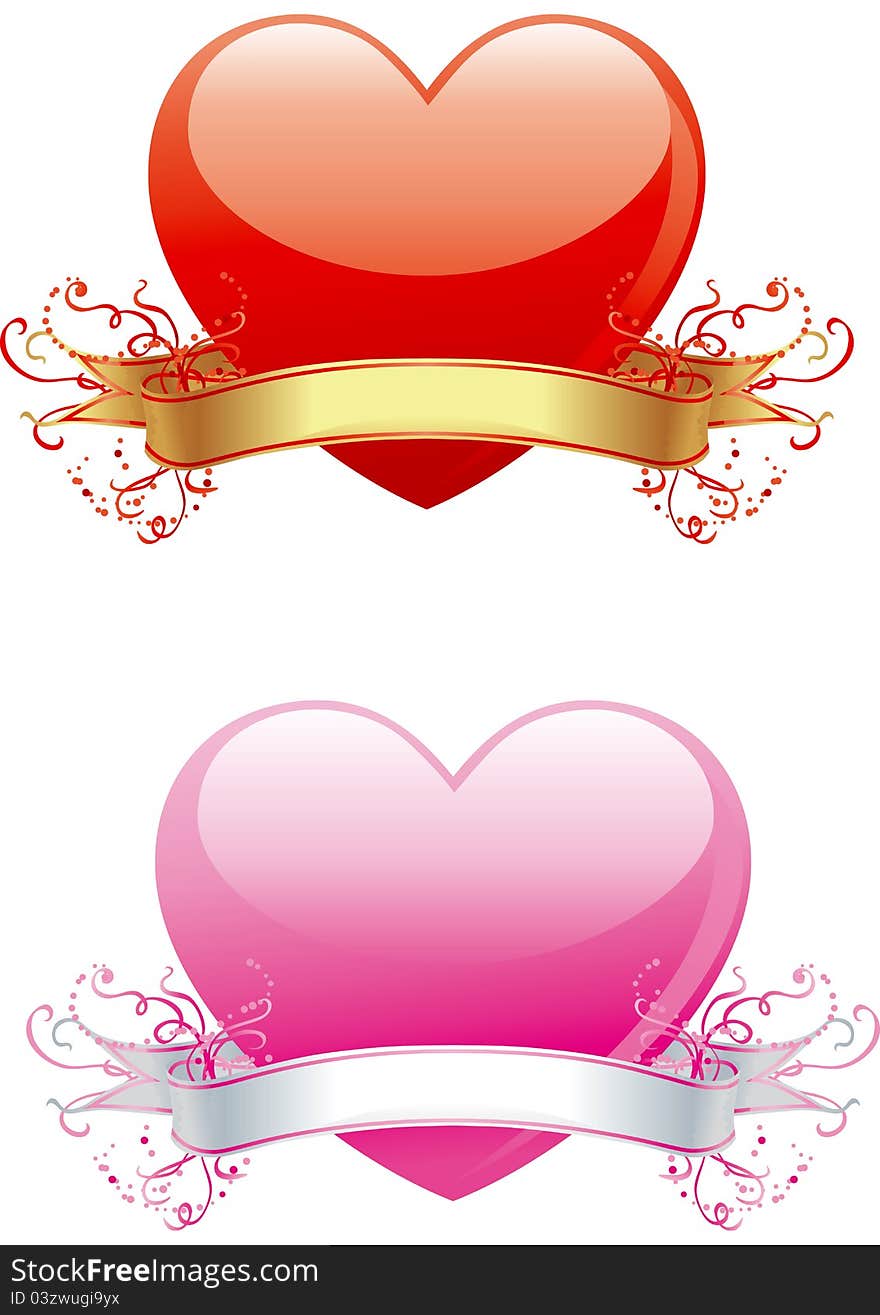 iVector llustration of two hearts with ribbon and  ornament for valentines day. iVector llustration of two hearts with ribbon and  ornament for valentines day