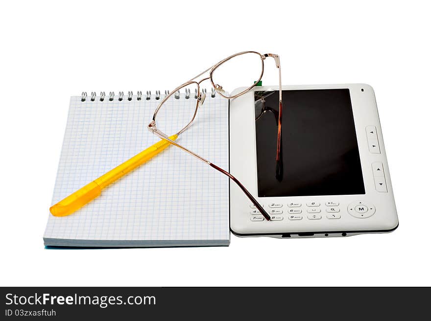 The electronic book, glasses, handle and notebook a white backgroundoks