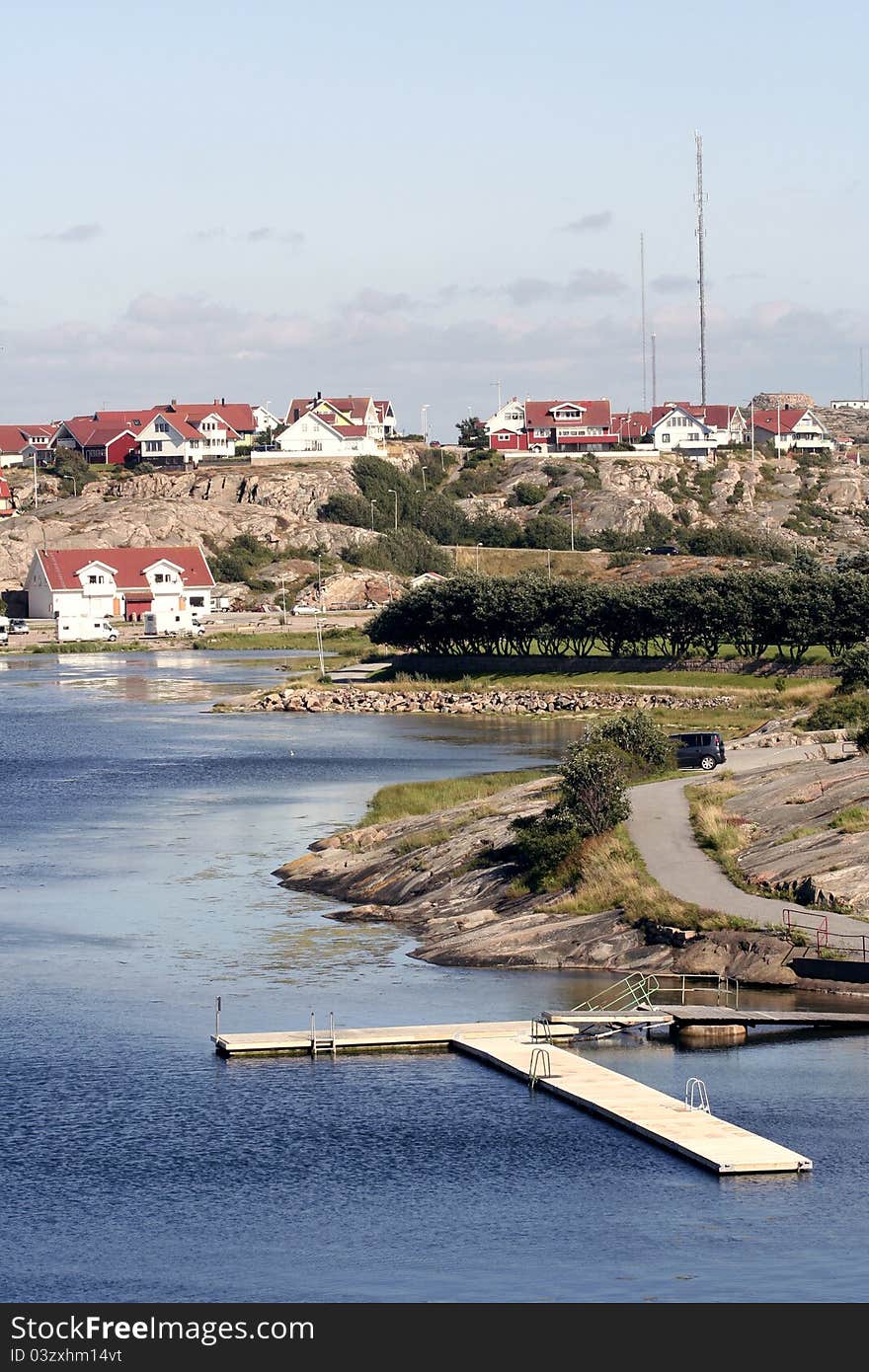 Small houses on little island on west coast in Sweden