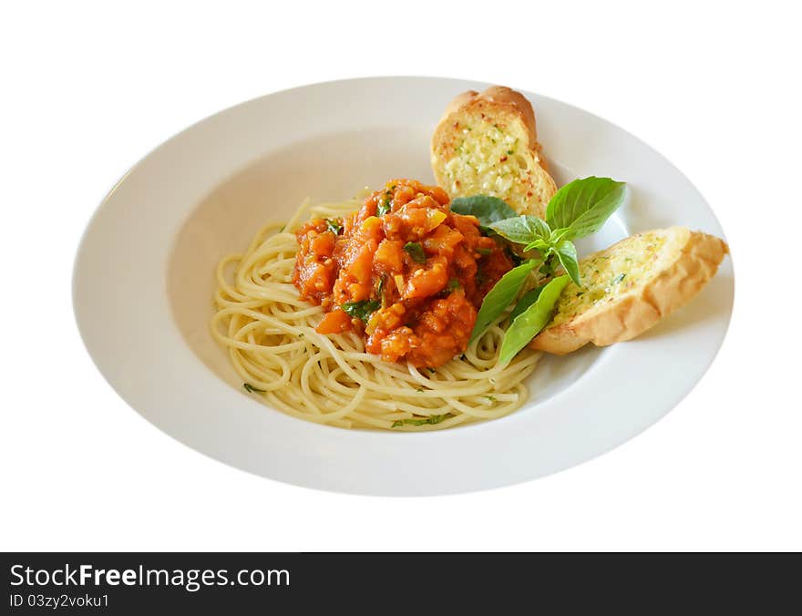 Pasta with tomato sauce and meat and garlic bread