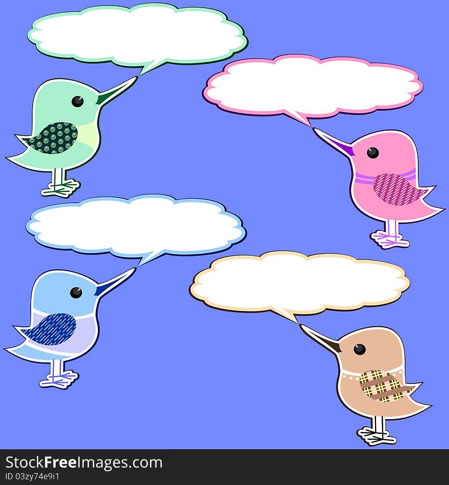 Four scrapbook styled birds with speech bubbles over blue. Four scrapbook styled birds with speech bubbles over blue