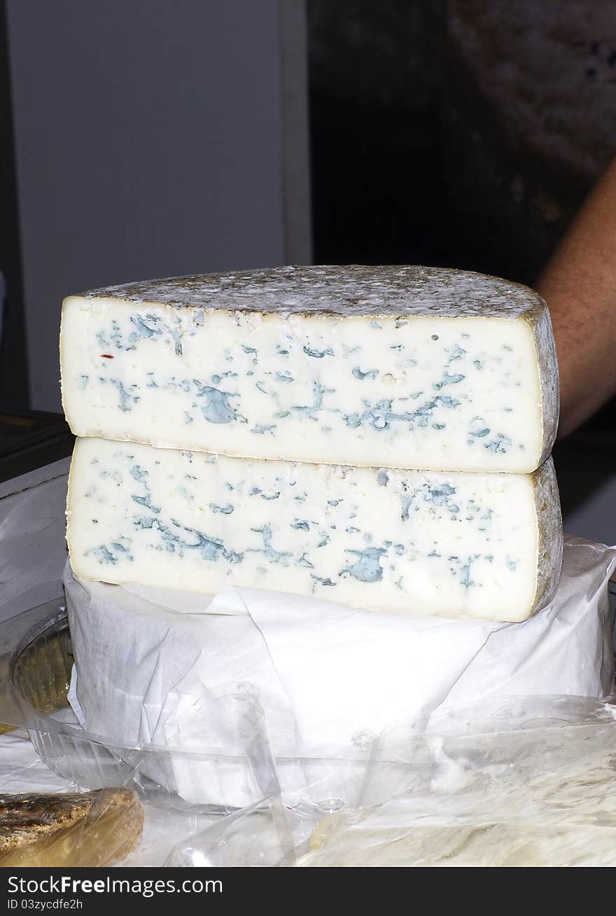 Italian cheese named gorgonzola at market