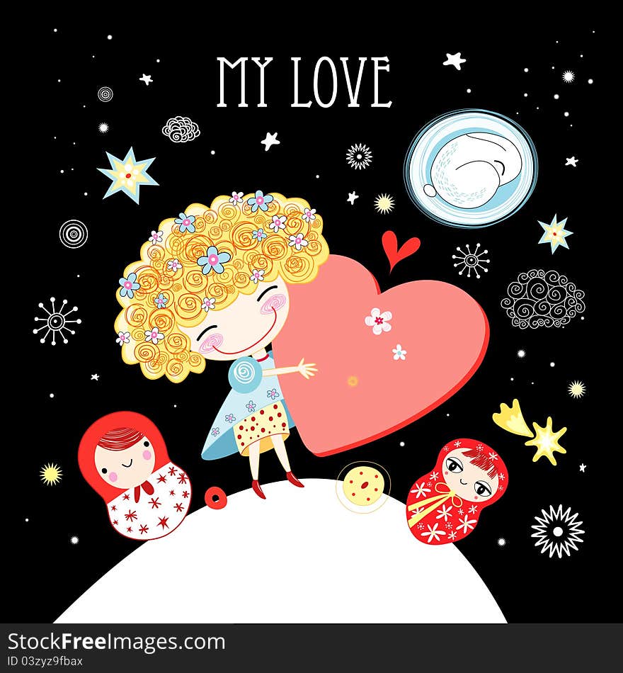 Funny girl in love with a heart on a black background with stars and dolls