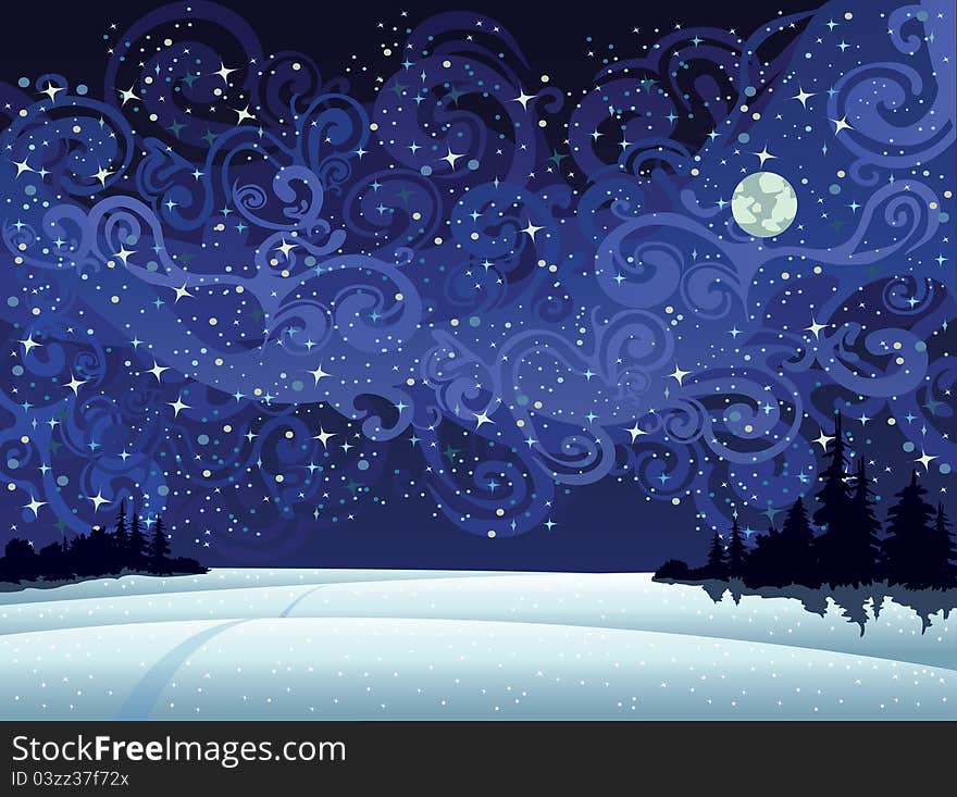 Beautiful wintry landscape with night sky, snow-covered nature and light moon