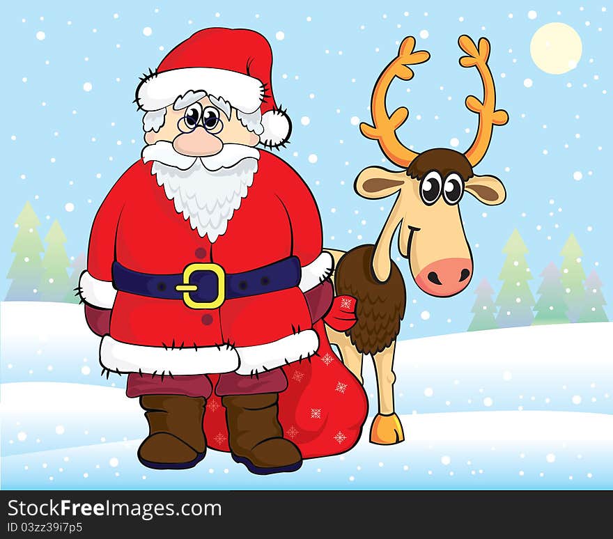 Funny cartoon Santa Claus and reindeer on snow background. Funny cartoon Santa Claus and reindeer on snow background