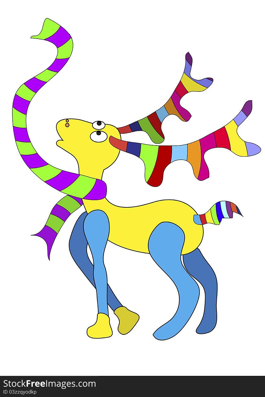 The deer with colored antlers looks at a scarf