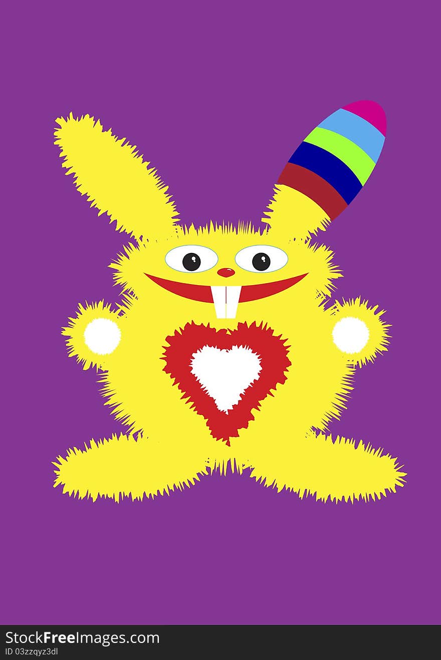 The yellow fluffy hare in a color cap smiles. The yellow fluffy hare in a color cap smiles