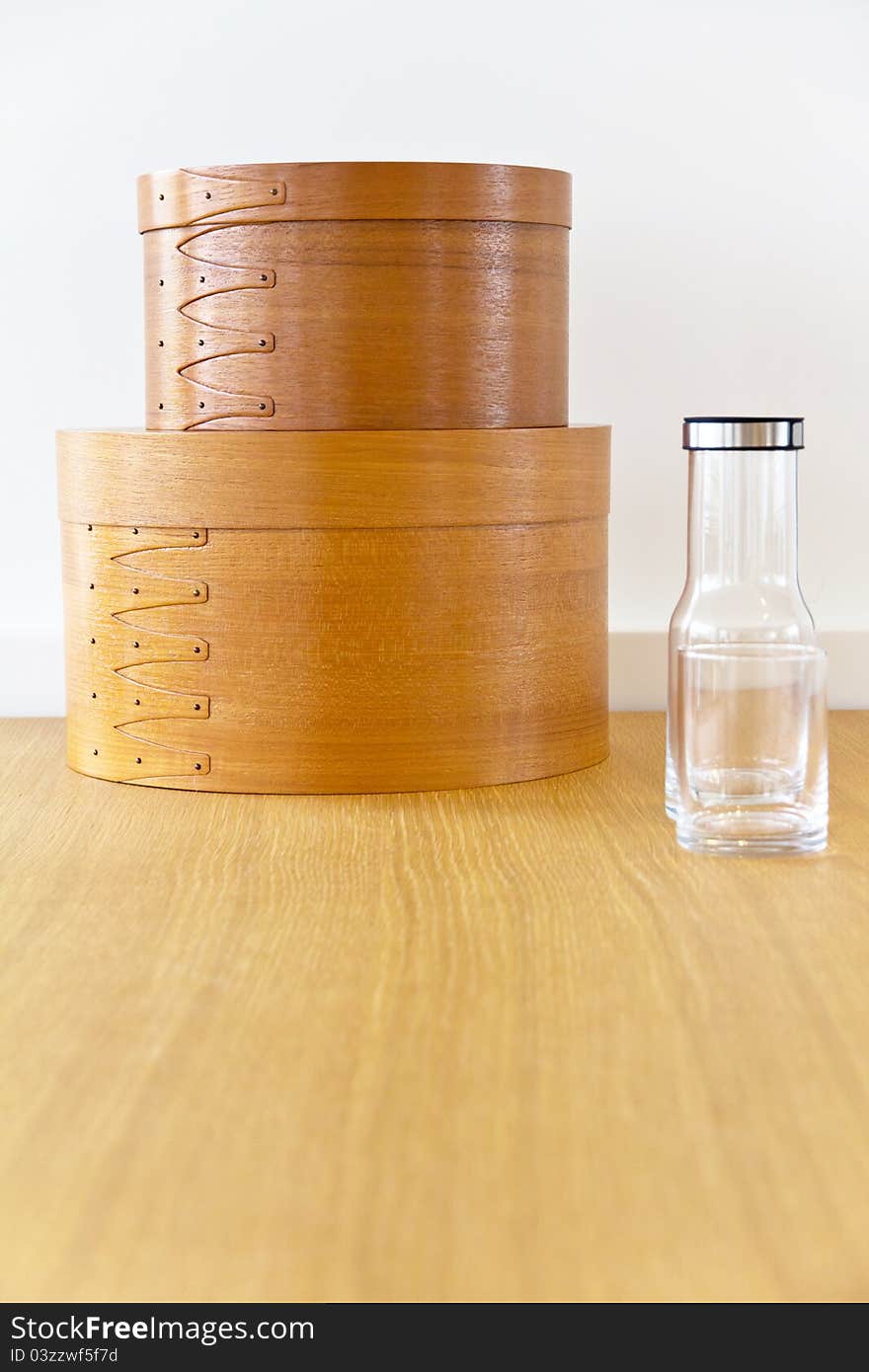 Detail of modern interior decorate ,wooden box ,bottle,glass