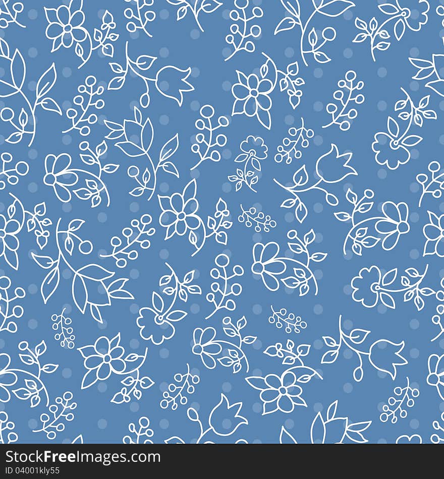 Floral seamless pattern in blue tones with hand drawn elements. Vector illustration